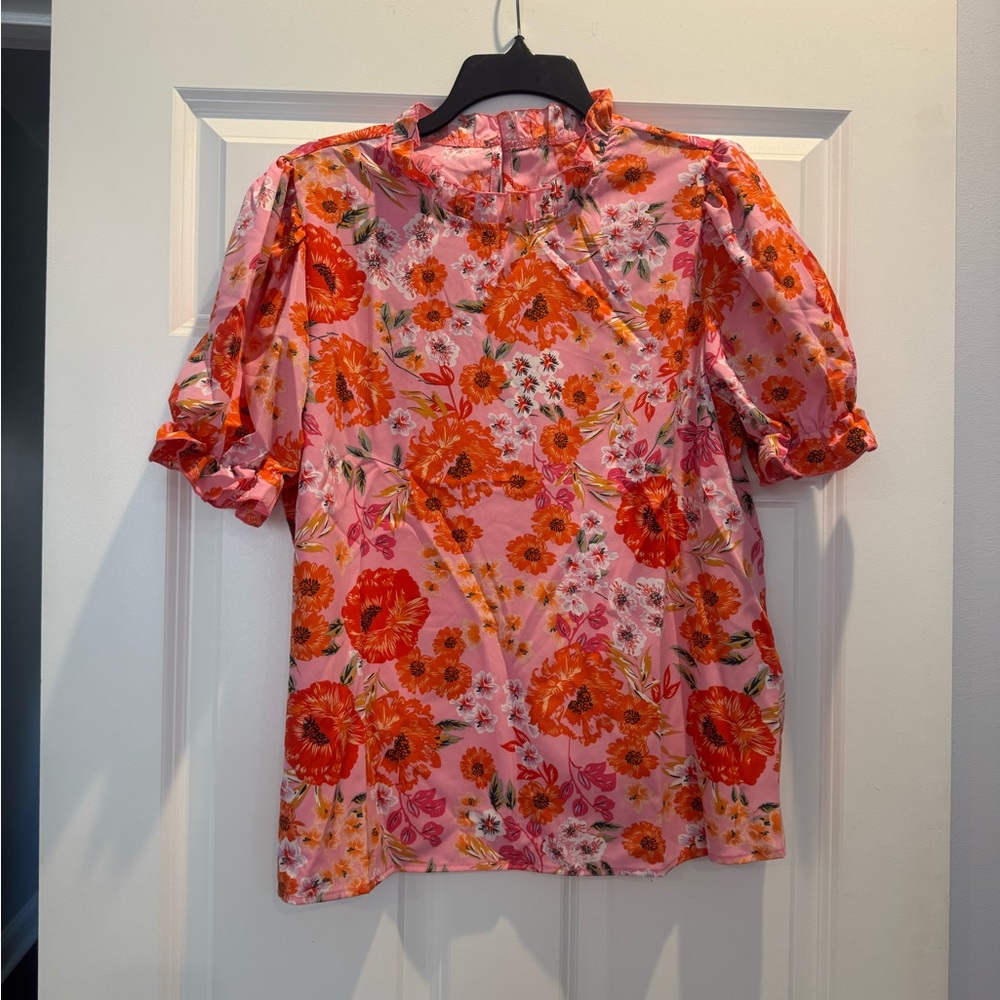 SHEIN Vibrant Floral Blouse in Pink and Orange